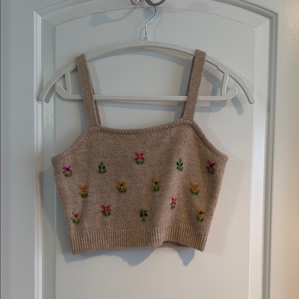 Embroidered Floral Knit Crop Top